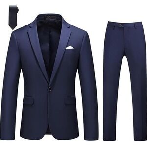 MOGU Men's Tuxedo Suit Jacket, Pants, & Tie - Navy Blue - Size 30, Pants 29
